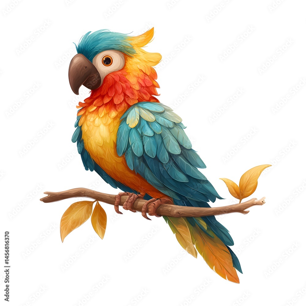 Obraz premium Colorful Parrot Perched: A vibrant cartoon parrot with blue, yellow, orange, and red plumage sits on a simple, brown branch.