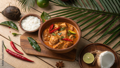 Poulet au coco - on a wooden table surrounded by tropical leaves and spices. In the center is a clay bowl with juicy chicken in thick coconut sauce, decorated with red pepper and lime leaf.