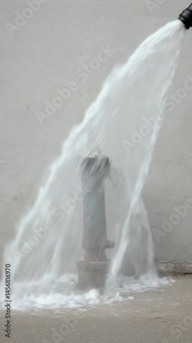 Water spraying from a hose onto fire hydrant, creating a waterfall effect on concrete wall and floor in urban environment with water cascading