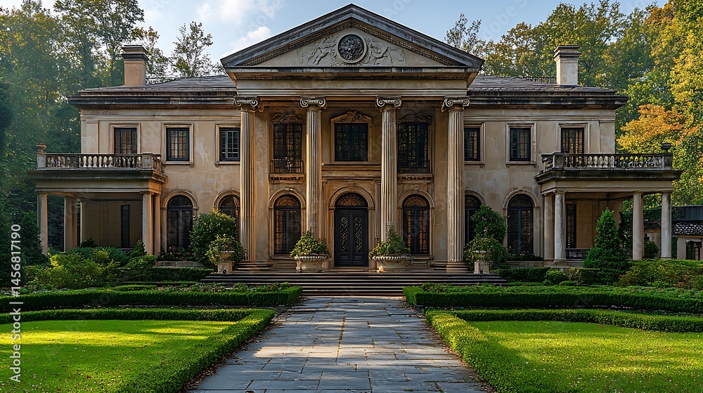 Obraz premium Grand neoclassical estate with symmetrical columns and pediment high resolution images