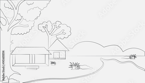 Village landscape line art featuring traditional rural houses, trees, rivers, and natural scenery is perfect for educational illustrations.