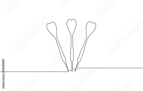 Continuous line drawing of Target with arrows, Darts continuous one line drawing of a white background, Dart sticking in surface.