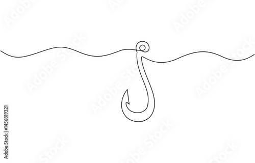 Fishing hook line continuous drawing vector. One line Hook vector background, Continuous outline of a Fishing hook, minimalist pro vector illustration line.
