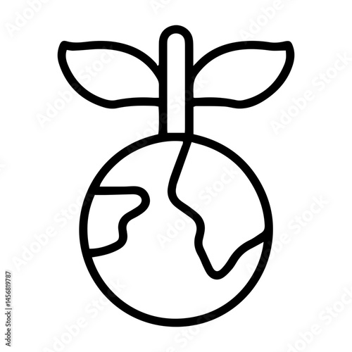 Green Earth (outline style). A plant sprouts from the top of the Earth, symbolizing environmental awareness, sustainability, or the importance of nature. Represents the planet's health, ecological