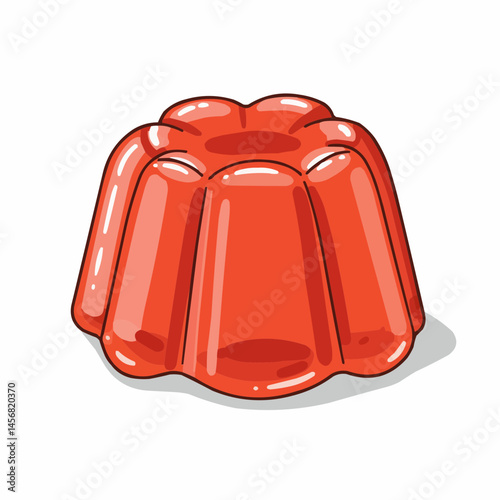 Red gelatin dessert shown. It is shiny and smooth with a rounded mold shape