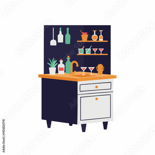Small bar area with various drinks and bottles on the shelves and counter