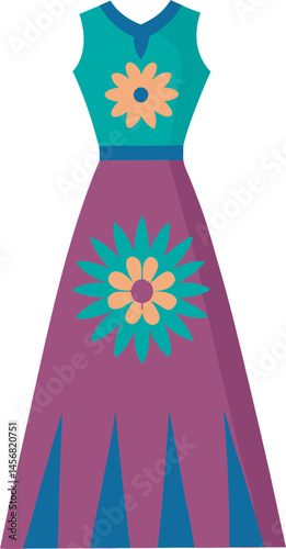 A stylish vector art illustration of a flowing maxi dress, showcasing elegant design, vibrant colors, and perfect for fashion-themed projects.