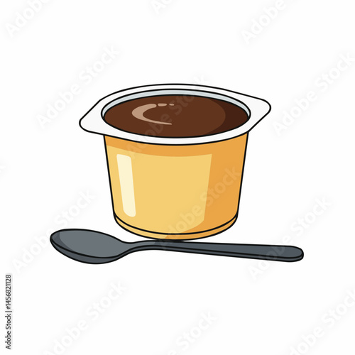 Chocolate pudding in a plastic cup. Dessert illustration with dark brown filling
