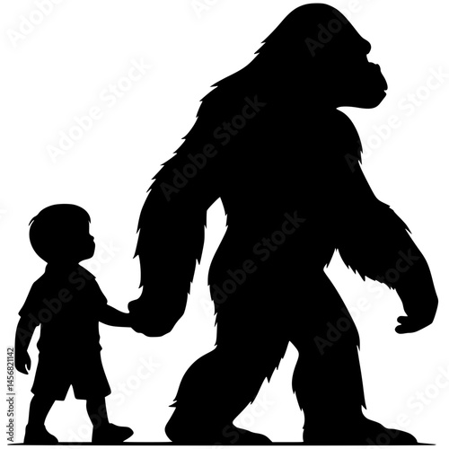 Silhouette of a gorilla leading a child