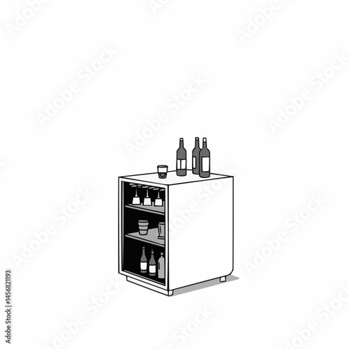 Stylized drawing showing a glass and three bottles standing on a table