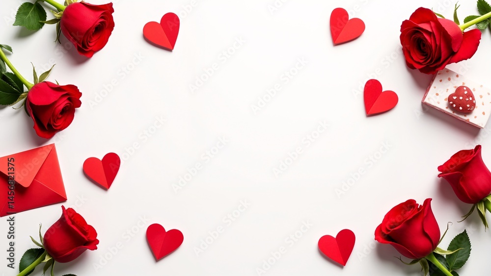 Fototapeta premium A white background with red hearts and red roses.