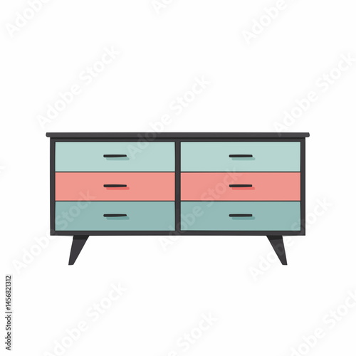 Low angle view of a two-drawer cabinet. Light blue drawers. Red bases. Minimalist