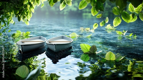 Serene view of two small boats amidst lush greenery and tranquil waters.