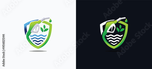Vector logo design of bio fuel with nozzle forming a creative green shield concept