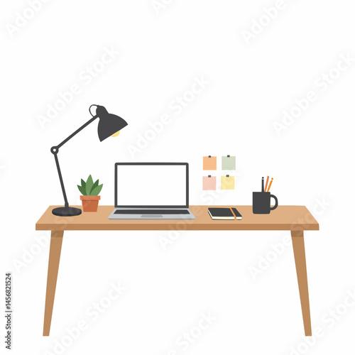 Minimalist illustration featuring a lamp, a screen, stationery and plant