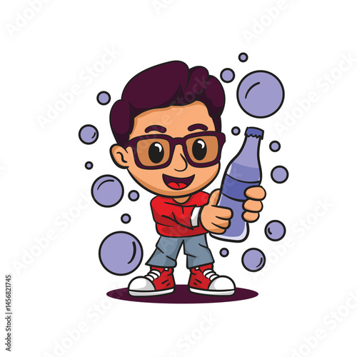 a cartoon drawing of a boy holding a bottle of water.
