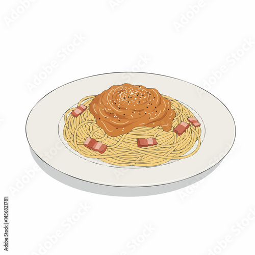 Spaghetti plate topped with sauce and bacon bits, viewed from the side angle