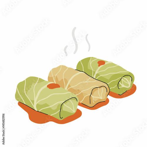 Illustration of steaming cabbage rolls with orange sauce on a white background
