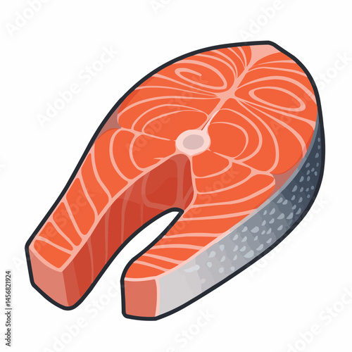 A close-up of a salmon steak, exhibiting the flesh and pattern near its thick skin