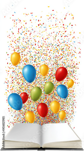 A colorful explosion of confetti and balloons bursts from an open book, symbolizing celebration and surprise, perfect for a party invitation scene