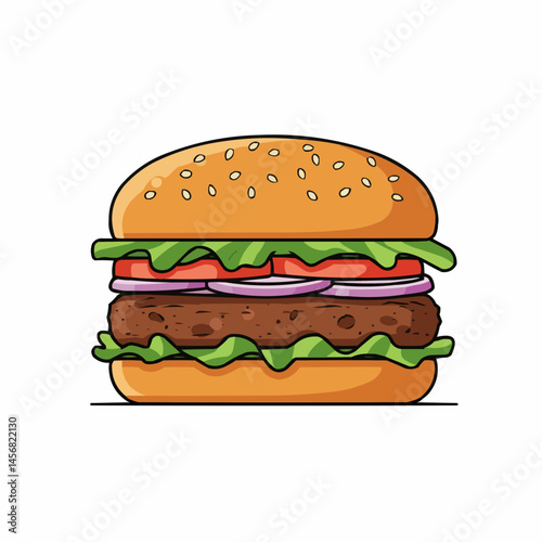 Cartoon burger with sesame bun, lettuce, & tomato sticking out from the right side