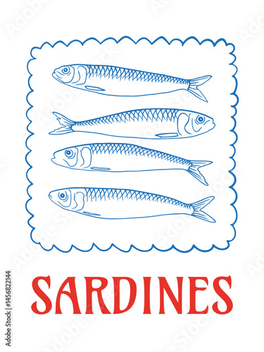 Hand-drawn sardines illustration. Vintage seafood design. 