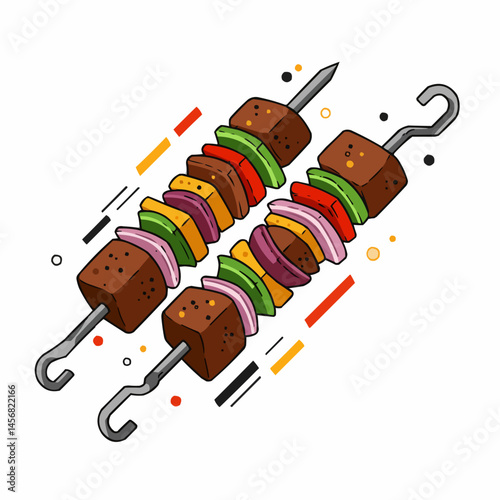Colorful shish kebabs with meat and vegetables on a white background