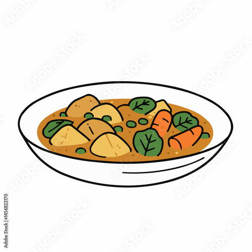 Cartoon-style dish with potatoes, peas, carrots, and leafy greens in gravy
