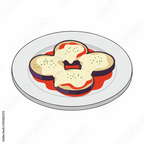 Eggplant slices on a plate with melted cheese and herbs