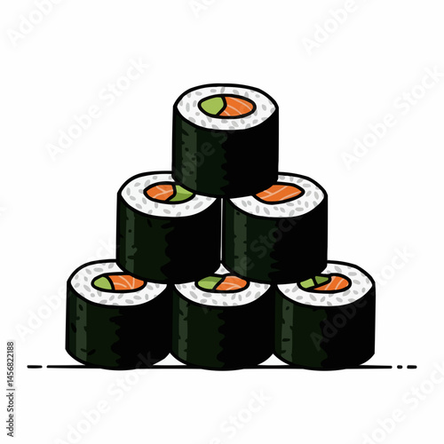 Stack of maki rolls filled with salmon & avocado with rice, wrapped in seaweed on white