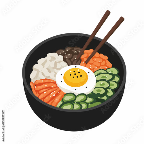 Bibimbap art with egg, rice, meat, and veggie topping in a black bowl with chopsticks