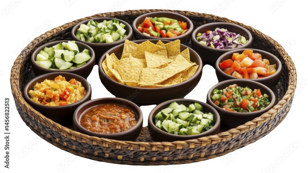 Tortilla chips with various dips and fresh vegetable toppings arranged in rustic bowls within woven tray, ready for snacks on a transparent background, PNG image, PNG file. Tortilla chips with various dips and fresh vegetable toppings arranged in rustic bowls within woven tray, ready for snacks on a transparent background, PNG image, PNG file.