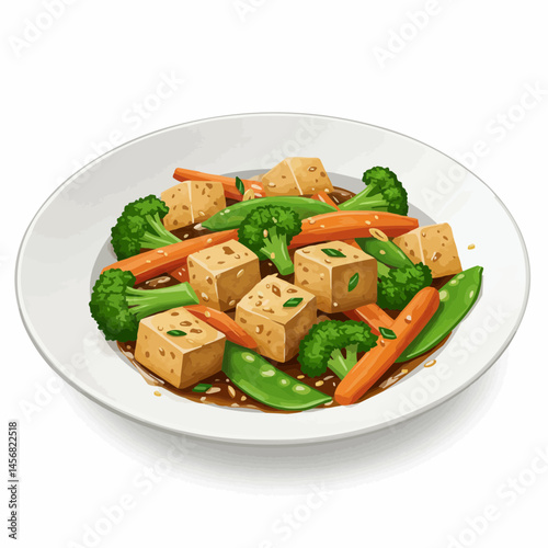 A dish of stir-fried tofu with broccoli, carrots, and snow peas on a white plate