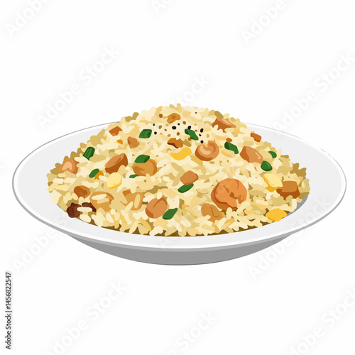 Savory fried rice with egg, meat, and vegetables served in a plate