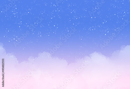 キラキラと輝く星空と雲　背景イラスト　青　ピンク　紫　グラデーション