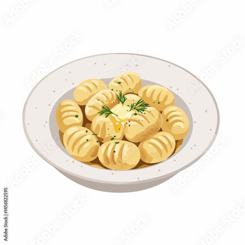 Steaming potato gnocchi, topped with melted butter and fresh dill, on speckled plate