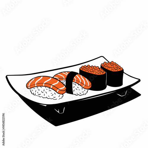 Illustrated style assorted sushi pieces with varied toppings on white background