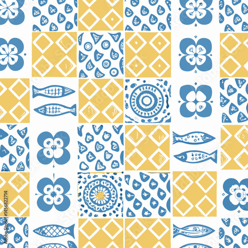 Portugal sardine and tile ornament seamless pattern