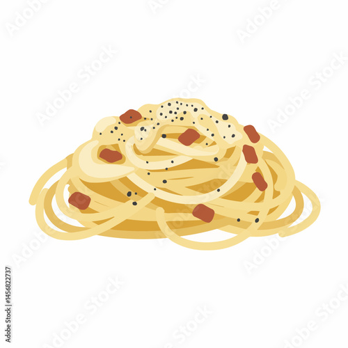 Illustration of spaghetti with bacon and pepper topping on a white background