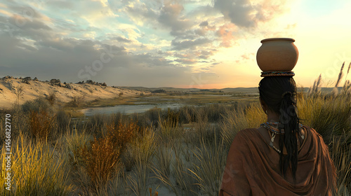A woman carrying a clay pot on her head gazes out over a vast, arid landscape at sunset.  A tranquil scene of a dry, grassy plain with a shallow riverbed