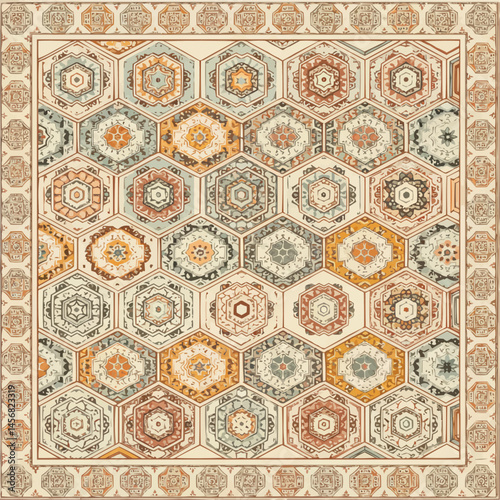 Abstract art featuring ornate hexagon pattern in earth tones with beige background