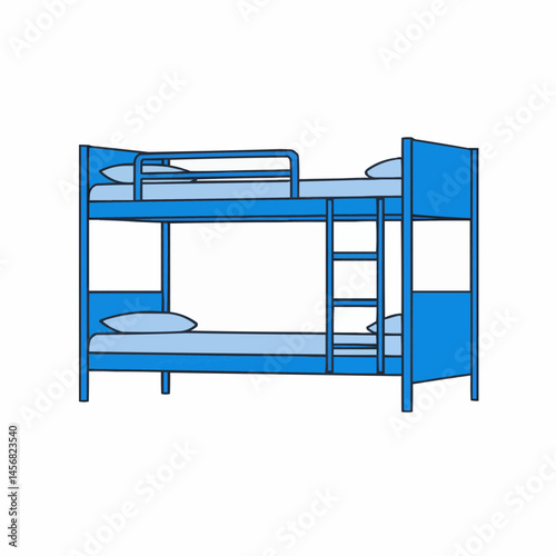 Blue bunk bed with light blue bedding, simple illustration with white background