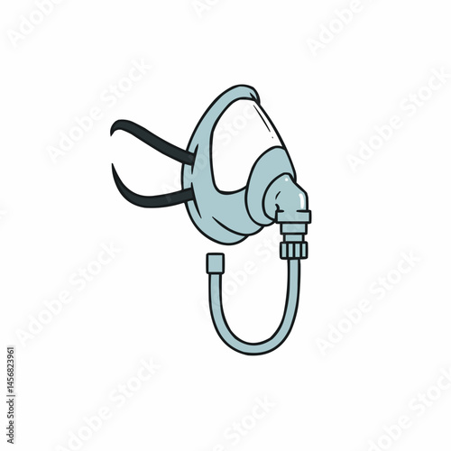 A breathing mask, blue and white with black tubing, on a white background