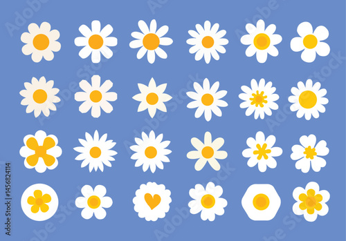 Cartoon daisy logo designs, chamomile flower icons. Flat spring floral elements. Blossom flowers with white petals. Doodle daisy vector set white background 