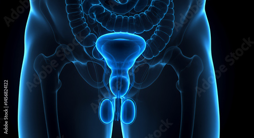 Detailed 3D Visualization of Male Reproductive System with Glowing Prostate and Testes