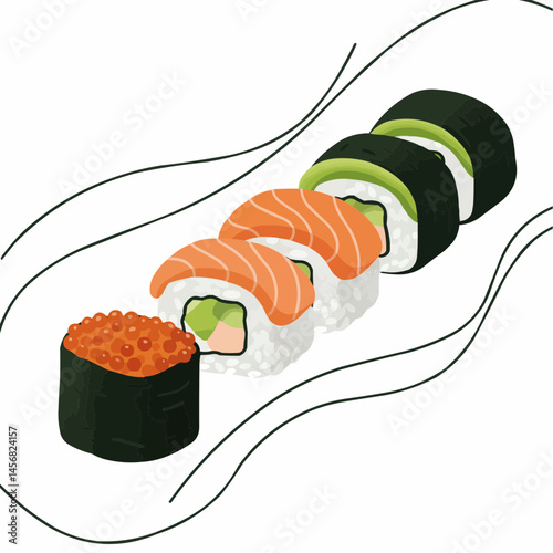 An illustration of salmon nigiri sushi, maki rolls, and chives against white