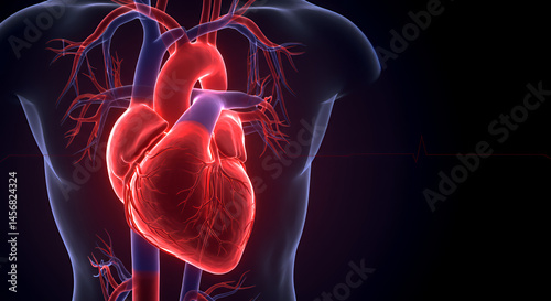 Glowing Red Human Heart 3D Rendering: Detailed Anatomical Visualization