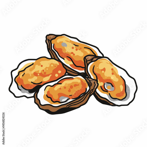 Three tasty oysters on the shell, with orange filling, brown edge, and white outline