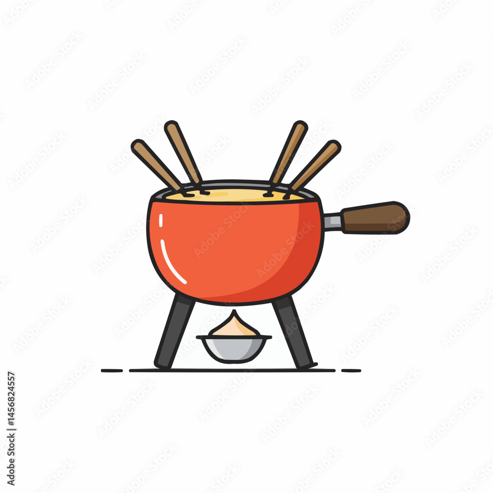 Pot of warm cheese with fondue forks Pot of warm cheese with fondue forks