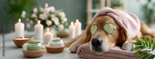 Golden Retriever enjoys a relaxing spa day with towel and cucumbers in a serene candlelit setting featuring calming elements